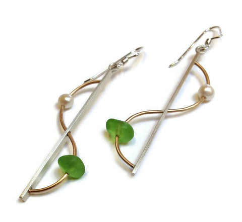 Mar Jewelry - Brushed Sterling Silver and Sea Glass Wave Earrings